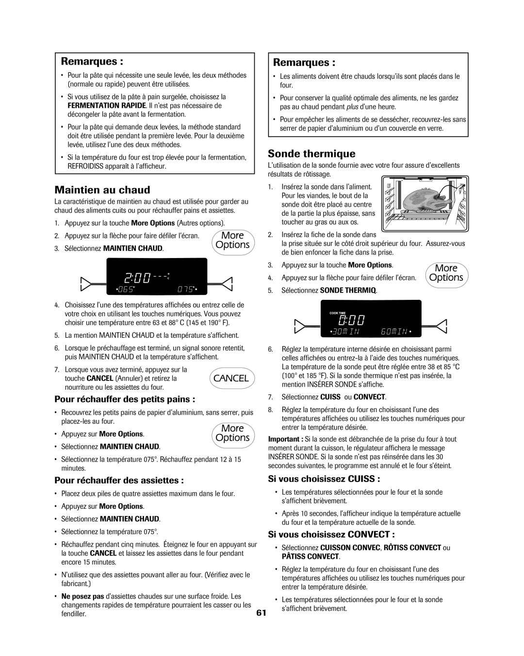 Jenn-Air 8113P754-60 Maintien au chaud, Sonde thermique, Pour réchauffer des petits pains, Si vous choisissez Convect 