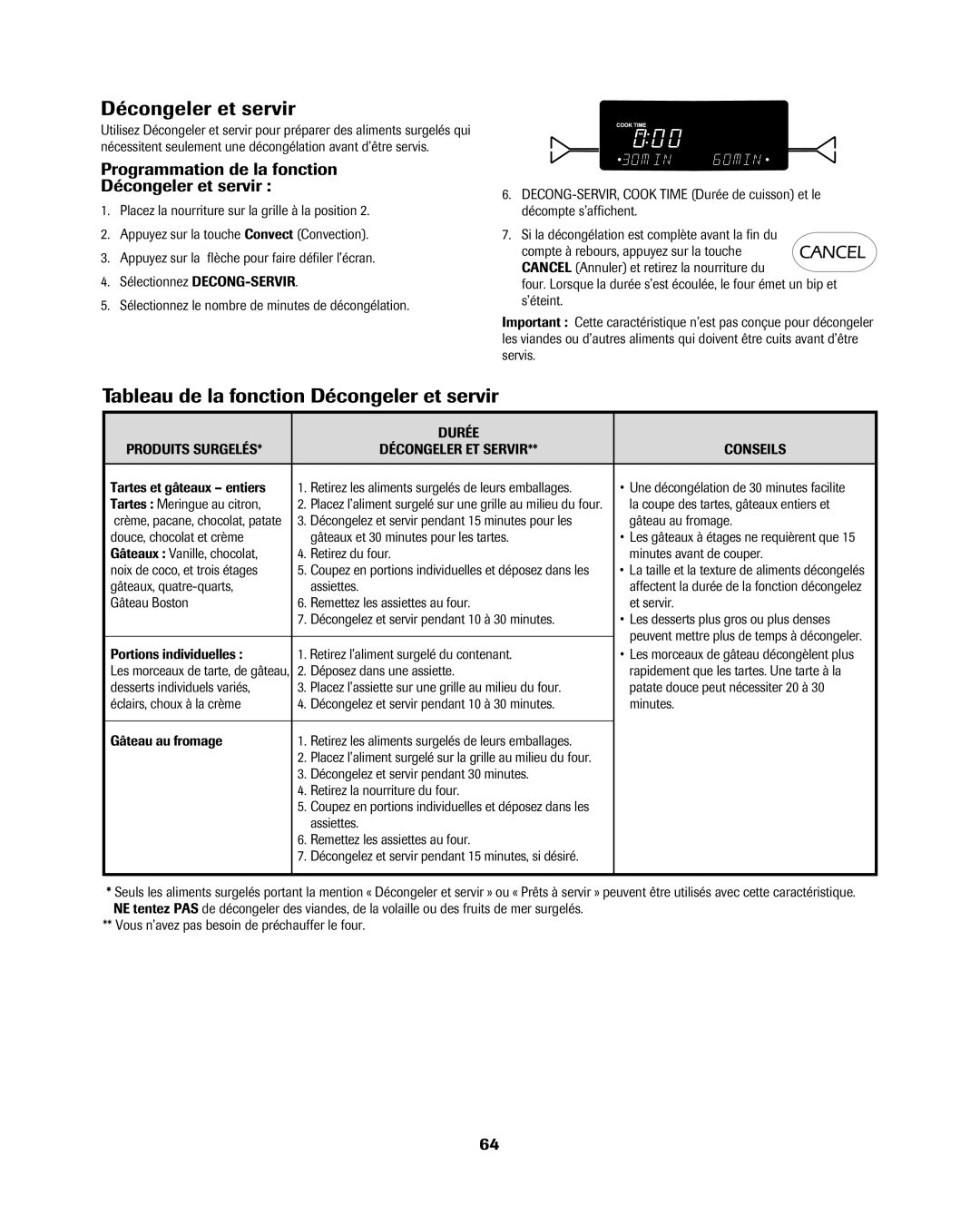 Jenn-Air 8113P754-60 Tableau de la fonction Décongeler et servir, Programmation de la fonction Décongeler et servir 