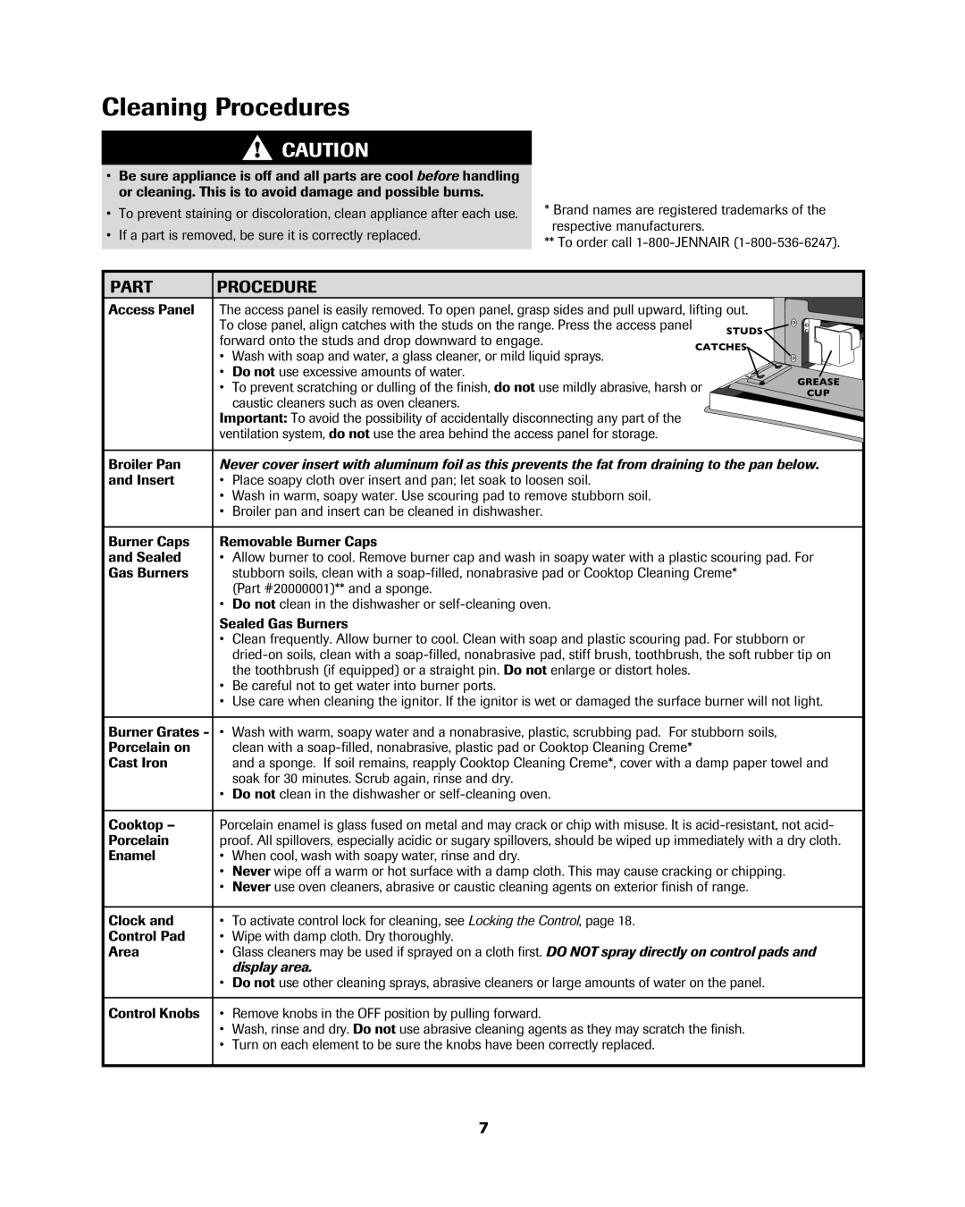 Jenn-Air 8113P754-60 Cleaning Procedures, Part Procedure, Forward onto the studs and drop downward to engage, Porcelain 