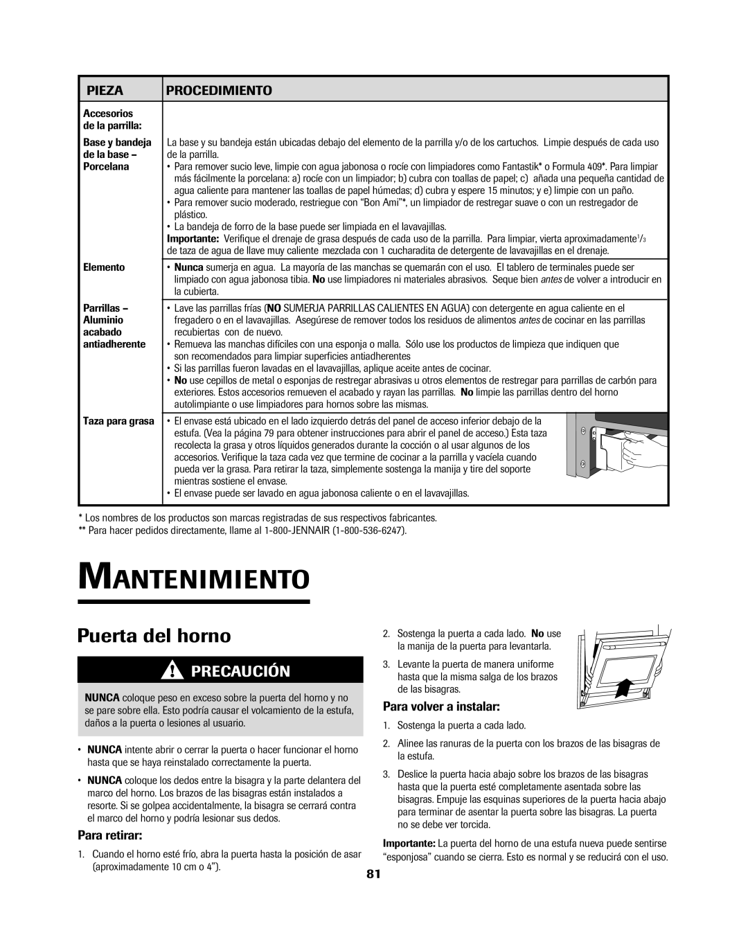 Jenn-Air 8113P754-60 important safety instructions Mantenimiento, Puerta del horno, Para retirar, Para volver a instalar 