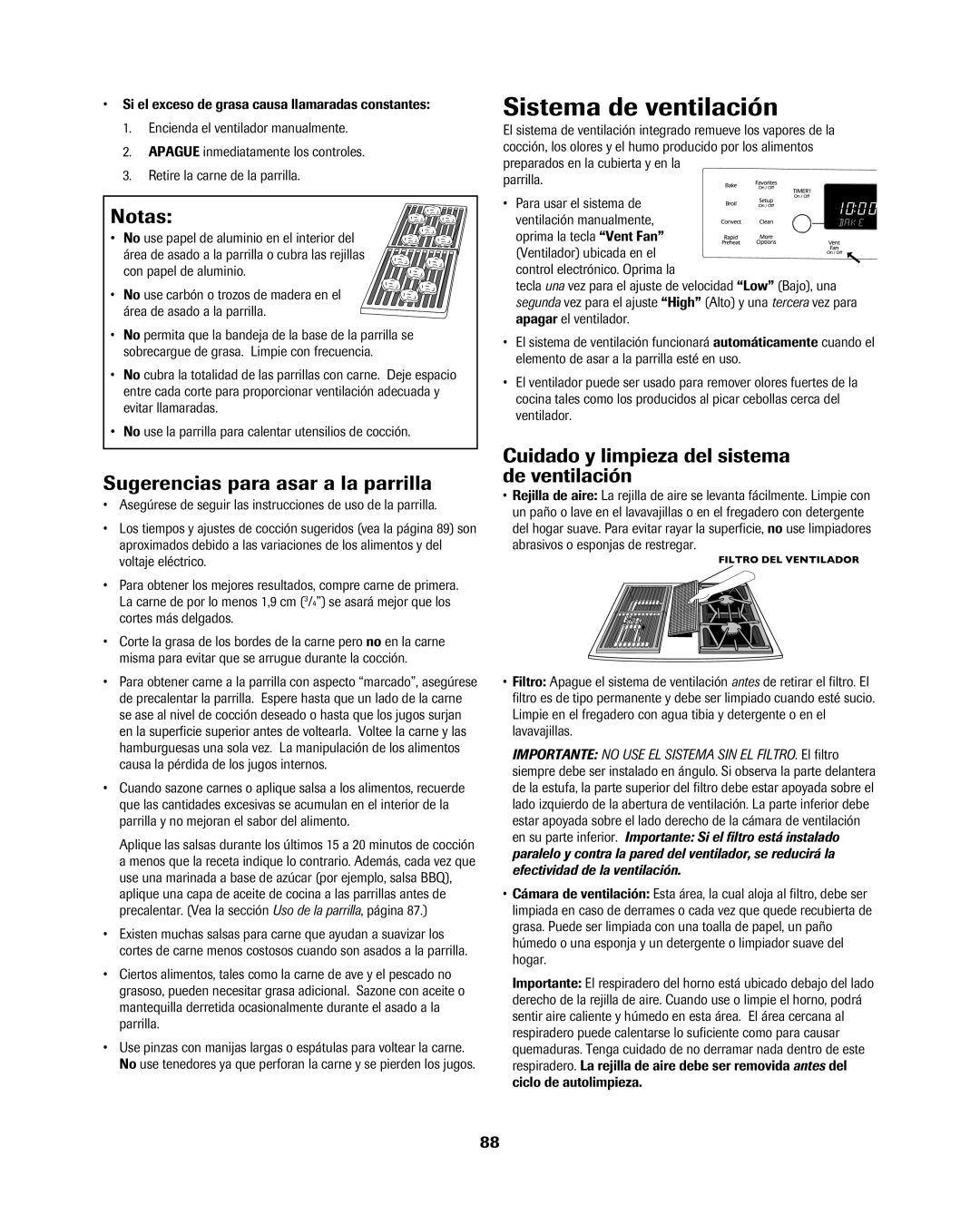 Jenn-Air 8113P754-60 important safety instructions Sistema de ventilación, Sugerencias para asar a la parrilla 