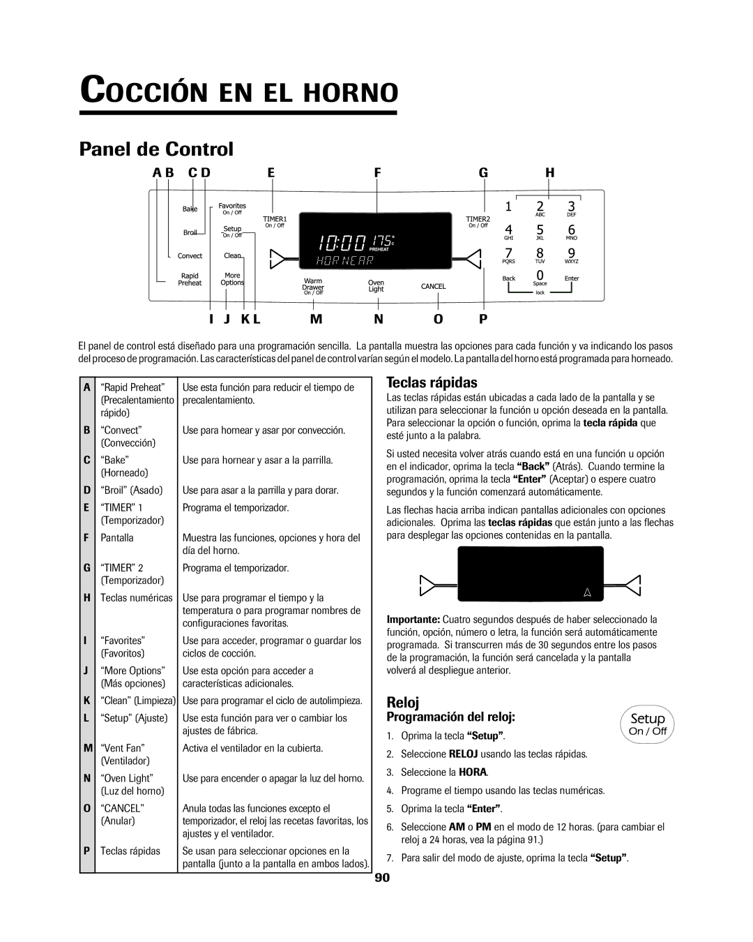 Jenn-Air 8113P754-60 Cocción EN EL Horno, Panel de Control, Teclas rápidas, Reloj, Programación del reloj 