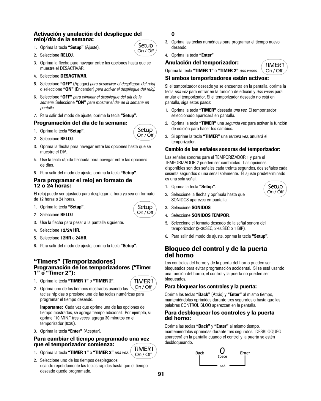 Jenn-Air 8113P754-60 important safety instructions Timers Temporizadores, Bloqueo del control y de la puerta del horno 