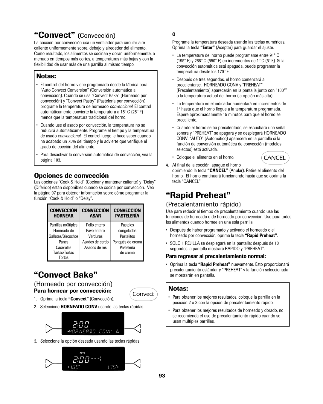 Jenn-Air 8113P754-60 Convect Convección, Opciones de convección, Horneado por convección, Precalentamiento rápido 