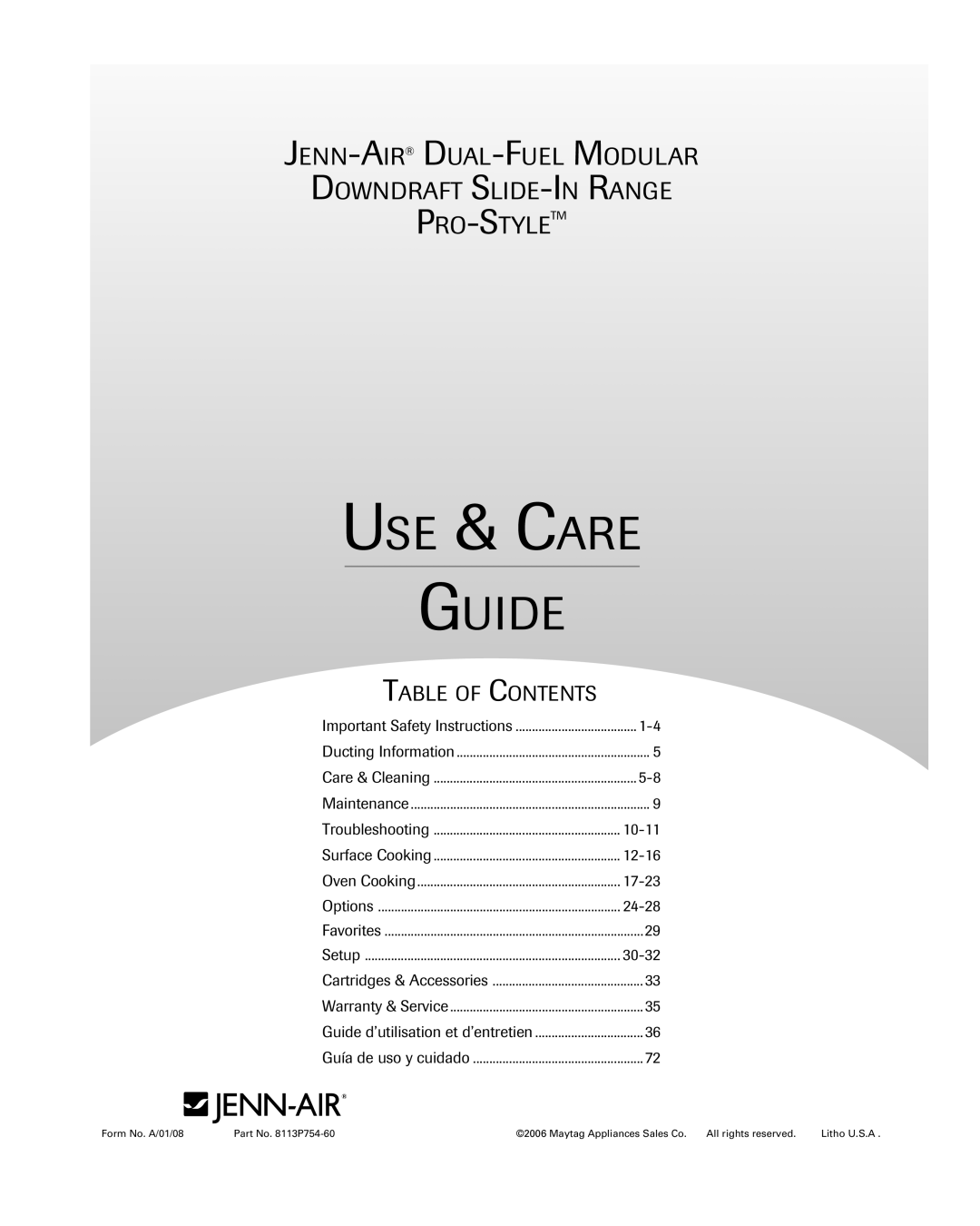 Jenn-Air 8113P754-60 important safety instructions Use & Care Guide, Table Of Contents, Maintenance, Favorites 