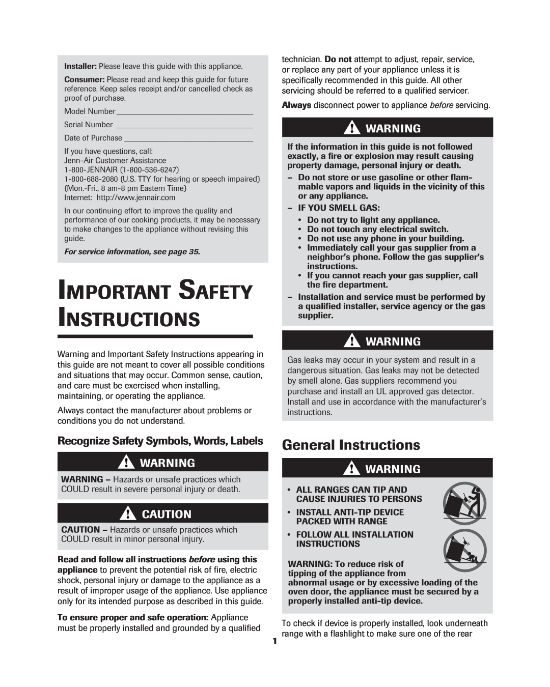 Jenn-Air 8113P754-60 General Instructions, Recognize Safety Symbols, Words, Labels, Important Safety Instructions 