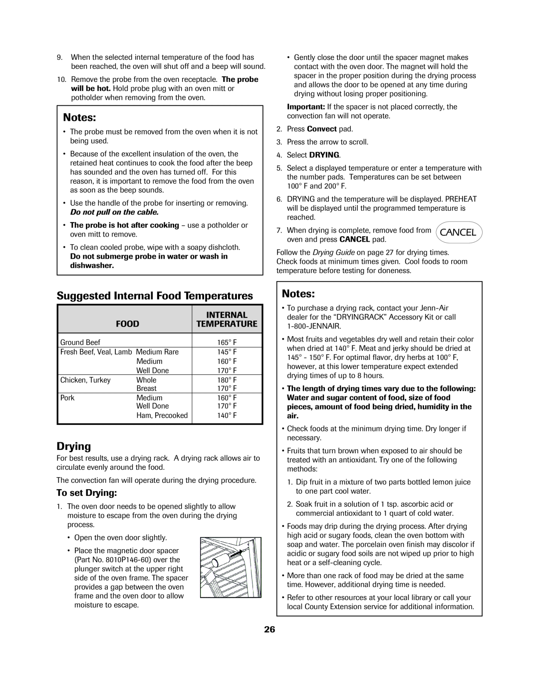 Jenn-Air 8113P754-60 important safety instructions Suggested Internal Food Temperatures, To set Drying 