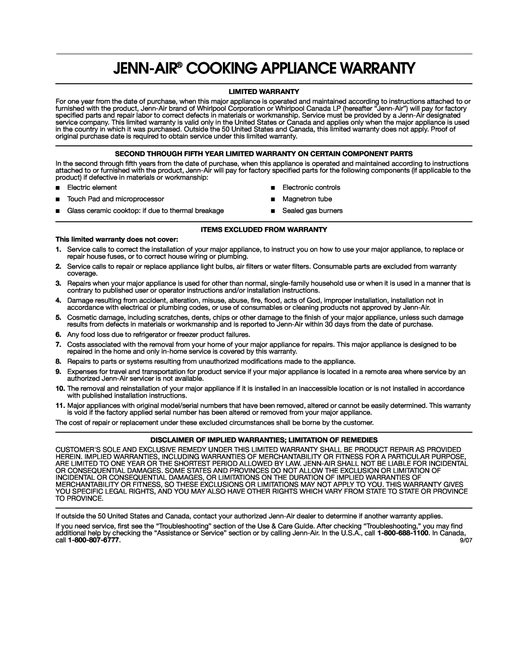 Jenn-Air 8113P754-60 important safety instructions Jenn-Air Cooking Appliance Warranty, Limited Warranty, call 