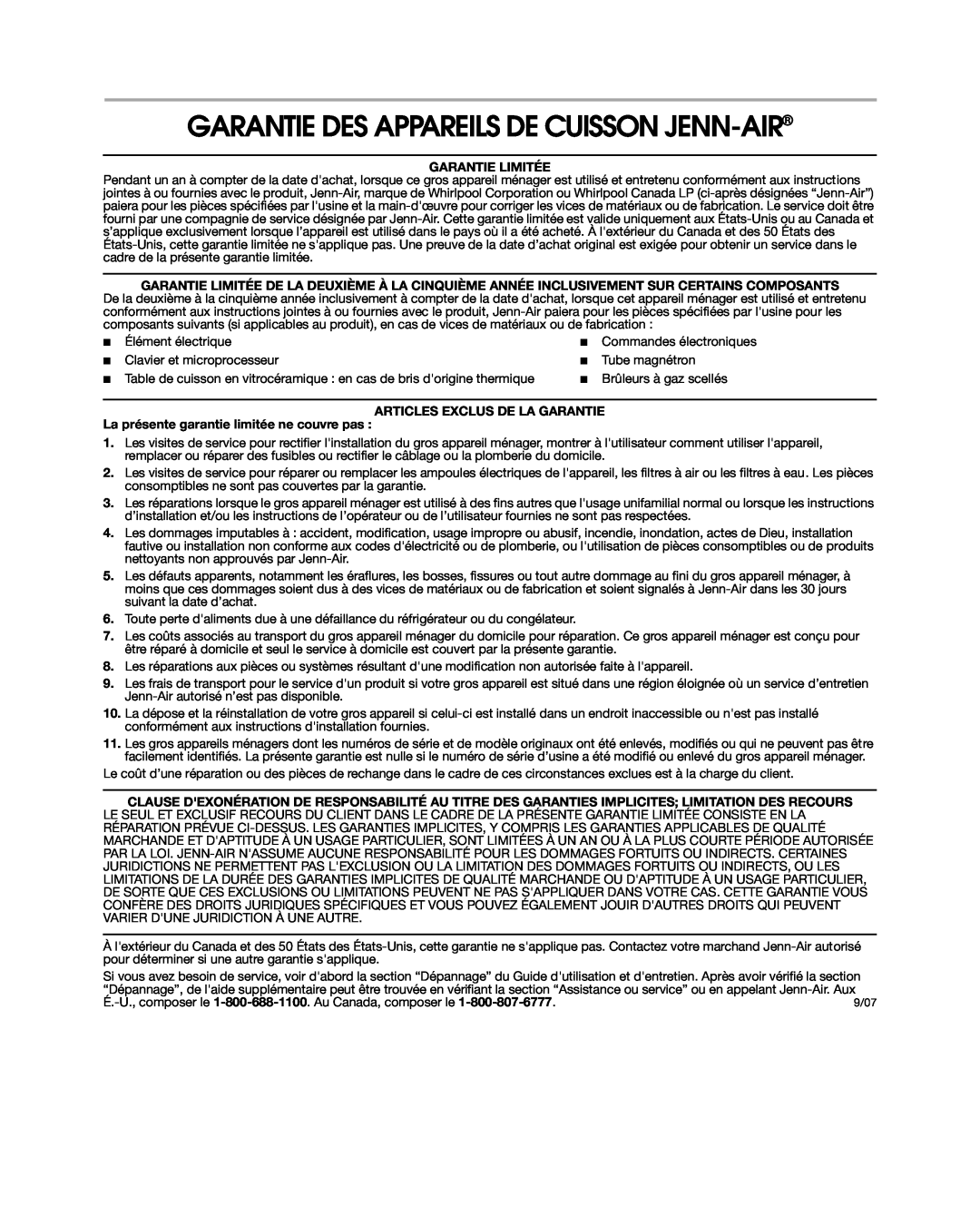Jenn-Air 8113P754-60 Garantie Des Appareils De Cuisson Jenn-Air, Garantie Limitée, Articles Exclus De La Garantie 