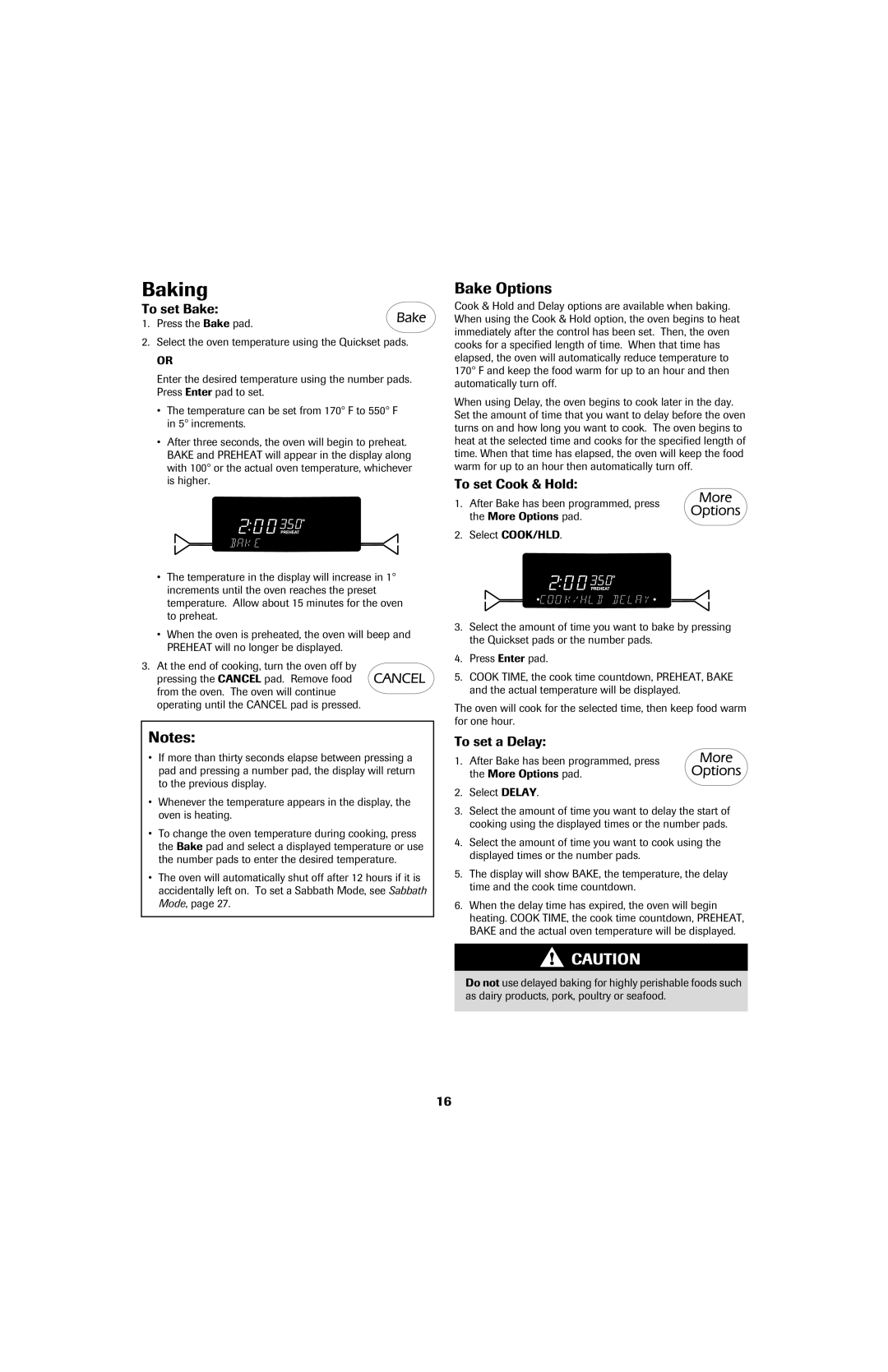 Jenn-Air 8113P757-60 important safety instructions Baking, Bake Options, To set Bake, To set Cook & Hold, To set a Delay 