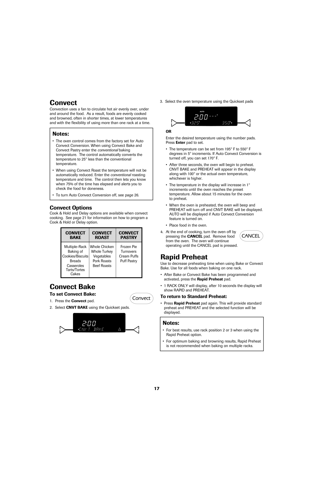 Jenn-Air 8113P757-60 important safety instructions Convect Bake, Rapid Preheat, Convect Options 