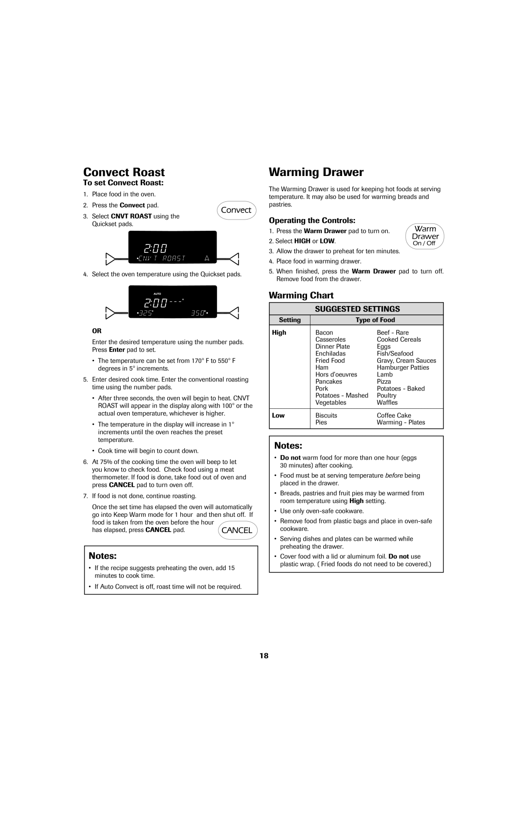 Jenn-Air 8113P757-60 important safety instructions Convect Roast, Warming Drawer, Warming Chart, Suggested Settings 