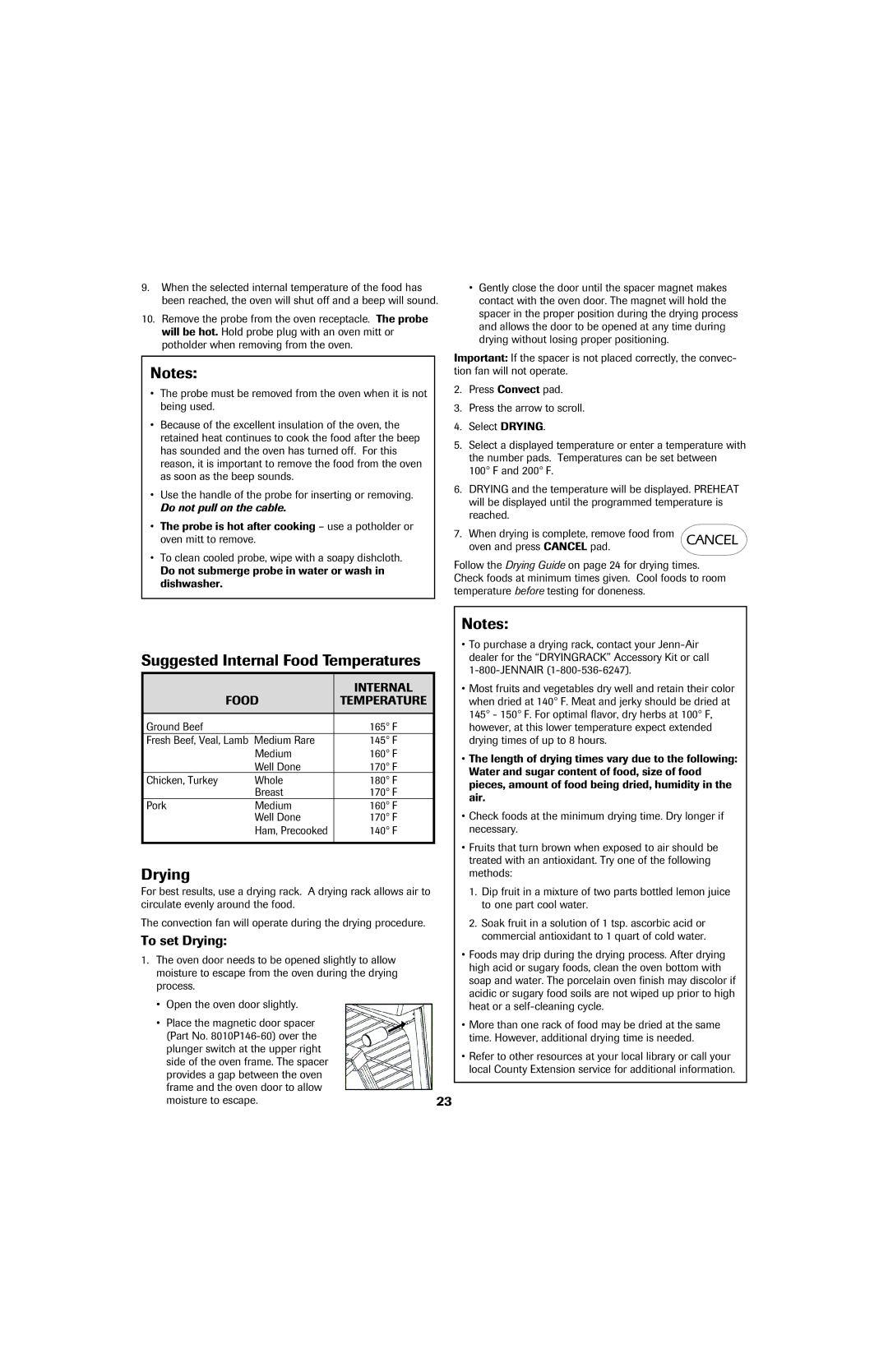 Jenn-Air 8113P757-60 important safety instructions Suggested Internal Food Temperatures, To set Drying 