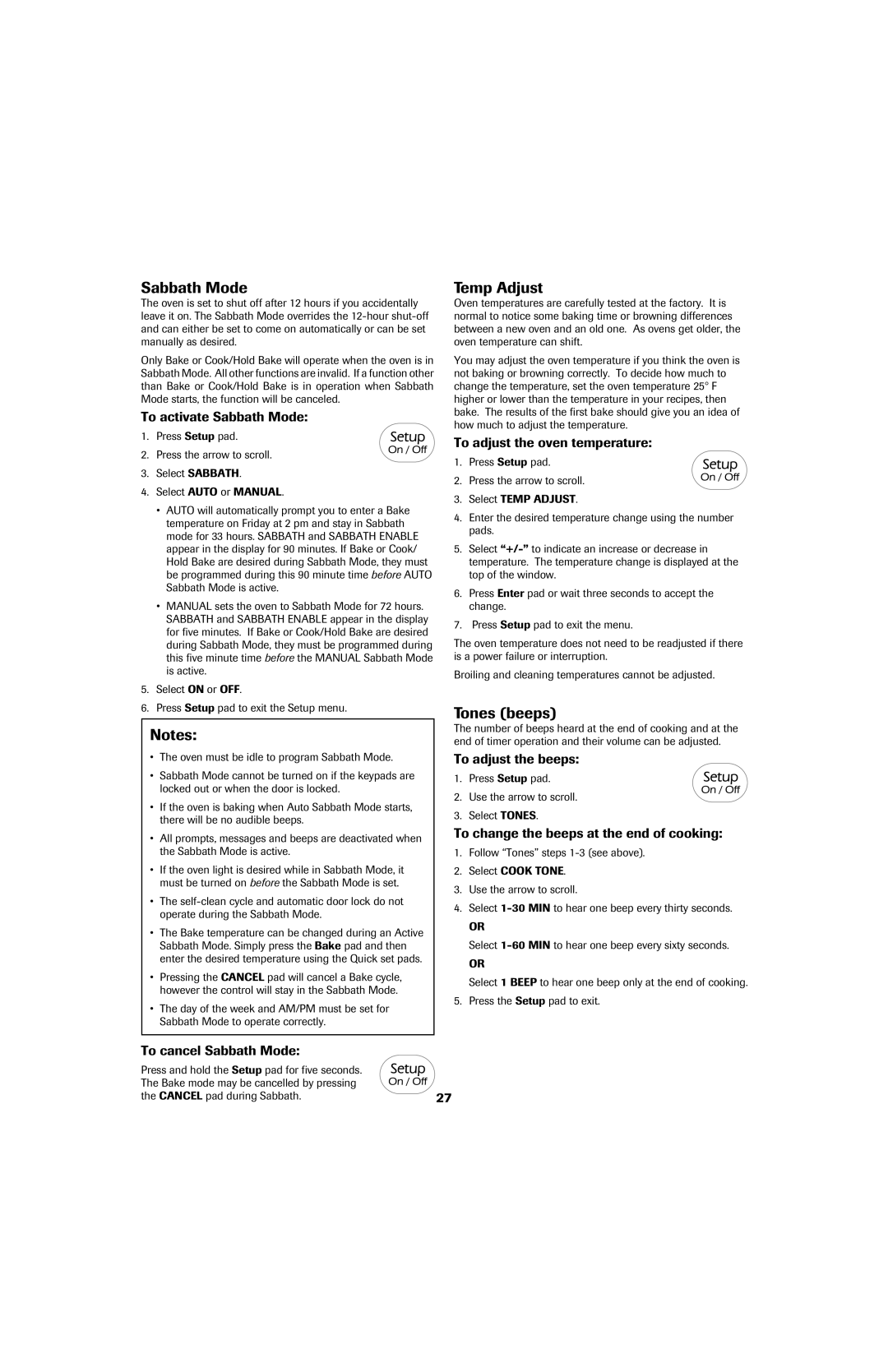 Jenn-Air 8113P757-60 important safety instructions Sabbath Mode, Temp Adjust, Tones beeps 