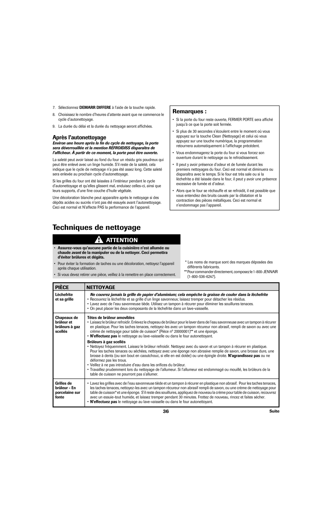 Jenn-Air 8113P757-60 Techniques de nettoyage, Après l’autonettoyage, Remarques, Pièce Nettoyage 