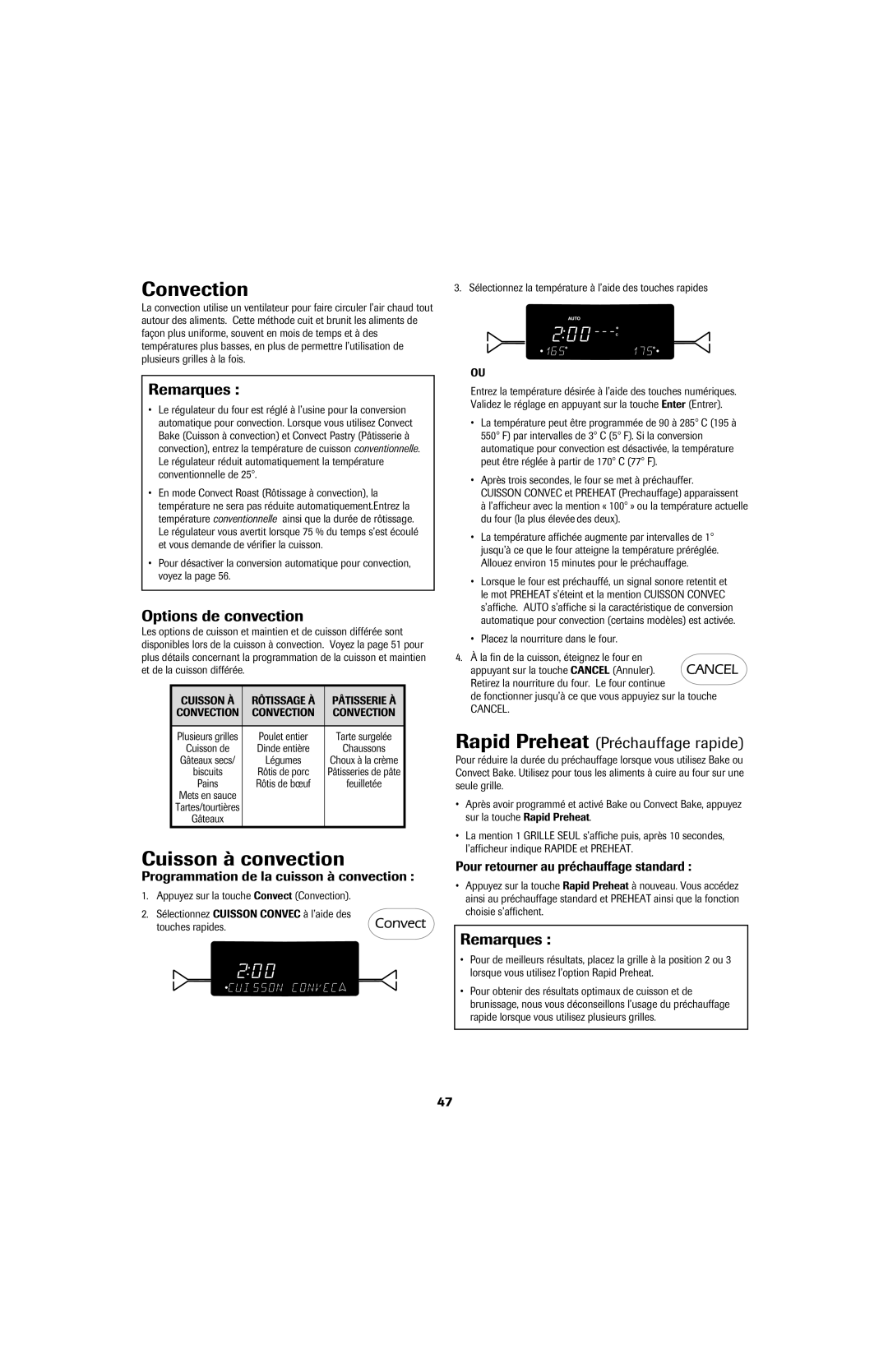 Jenn-Air 8113P757-60 Convection, Cuisson à convection, Options de convection, Rapid Preheat Préchauffage rapide 