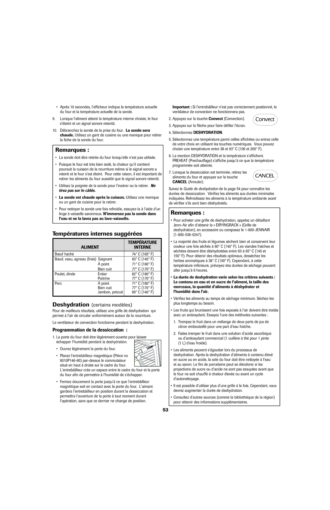 Jenn-Air 8113P757-60 Températures internes suggérées, Deshydration certains modèles, Programmation de la dessiccation 