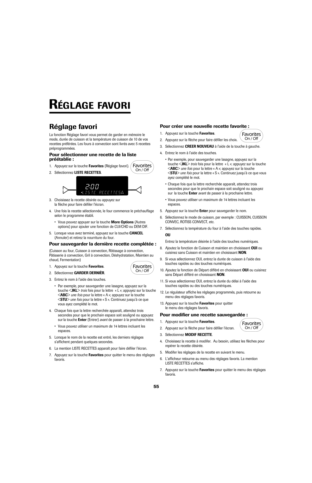 Jenn-Air 8113P757-60 important safety instructions Réglage Favori, Réglage favori 