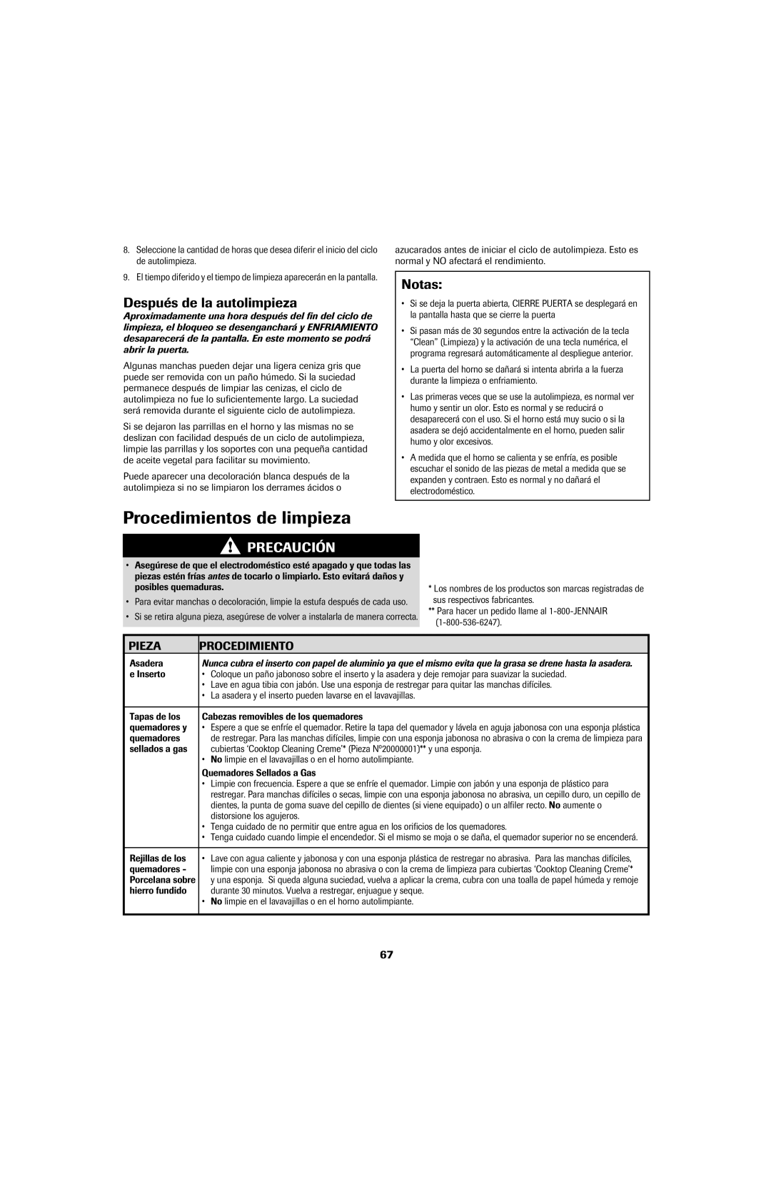 Jenn-Air 8113P757-60 Procedimientos de limpieza, Después de la autolimpieza, Notas, Pieza Procedimiento 