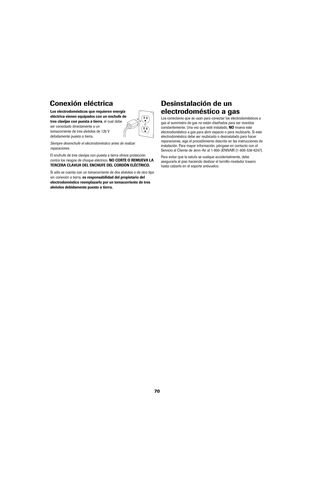 Jenn-Air 8113P757-60 important safety instructions Conexión eléctrica, Desinstalación de un electrodoméstico a gas 
