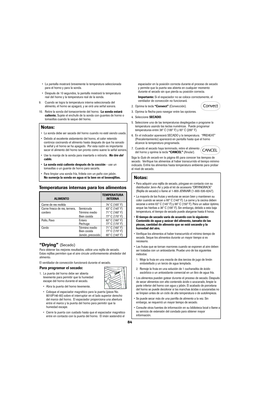 Jenn-Air 8113P757-60 Temperaturas internas para los alimentos, Drying Secado, Para programar el secado, Alimento Interna 