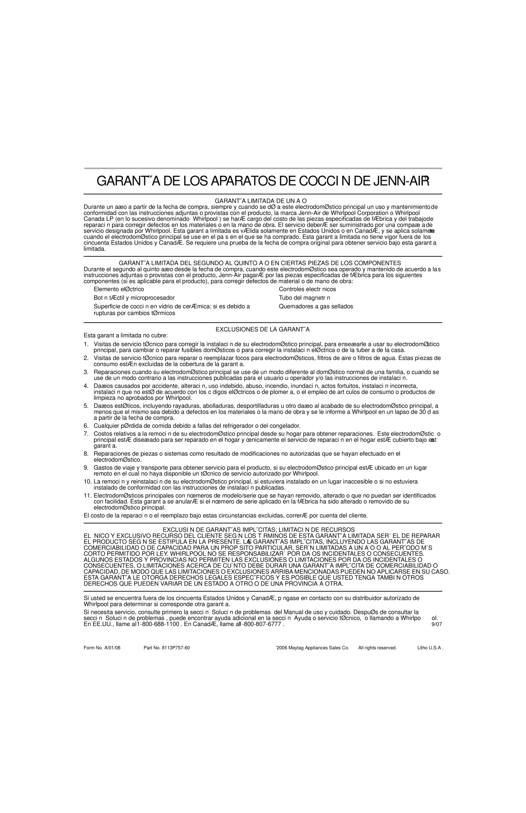 Jenn-Air 8113P757-60 important safety instructions Garantía DE LOS Aparatos DE Cocción DE JENN-AIR 