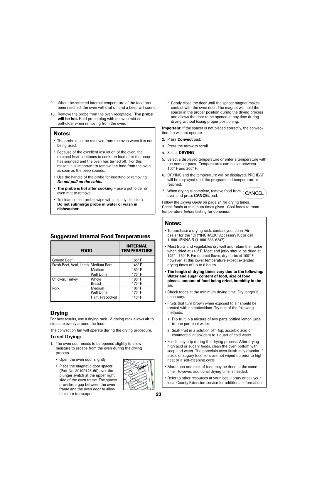 Jenn-Air 8113P757-60 important safety instructions Suggested Internal Food Temperatures, To set Drying, Notes 