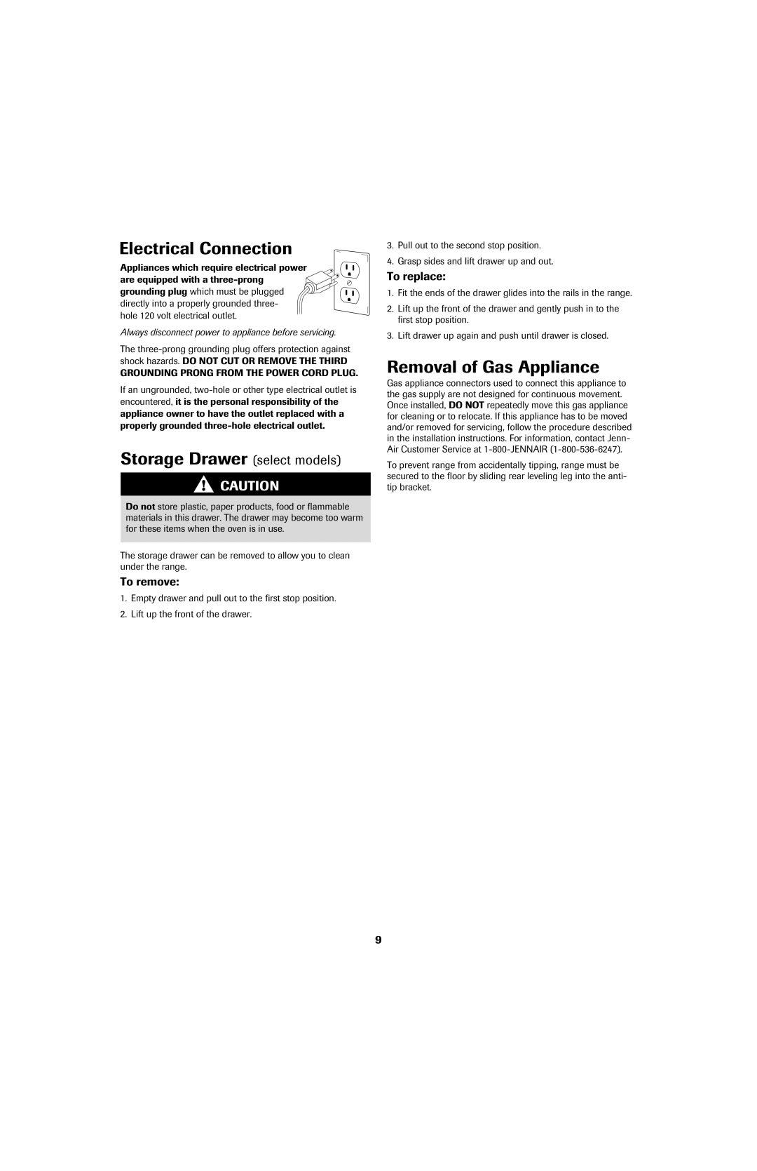 Jenn-Air 8113P759-60 Electrical Connection, Storage Drawer select models, Removal of Gas Appliance 