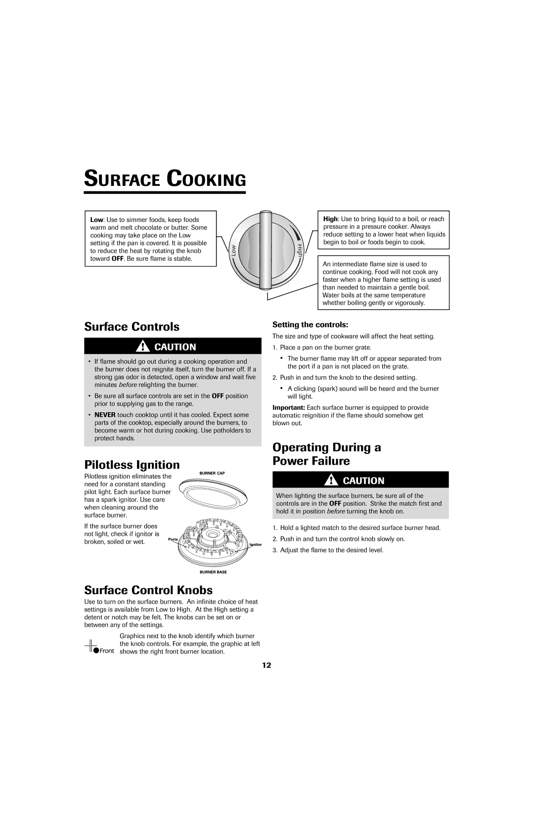 Jenn-Air 8113P759-60 Surface Cooking, Surface Controls, Pilotless Ignition, Operating During a Power Failure 