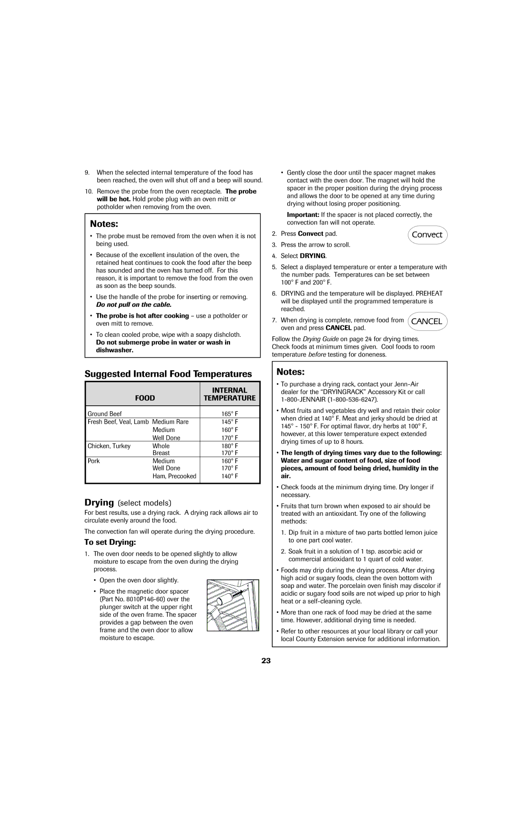 Jenn-Air 8113P759-60 Suggested Internal Food Temperatures, Drying select models, To set Drying 