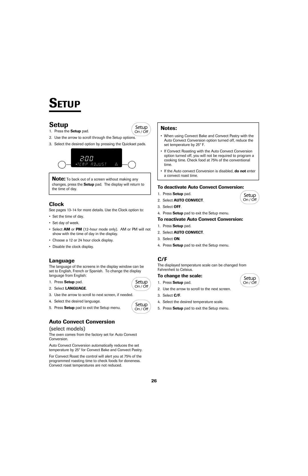 Jenn-Air 8113P759-60 important safety instructions Setup, Language, Auto Convect Conversion Select models 