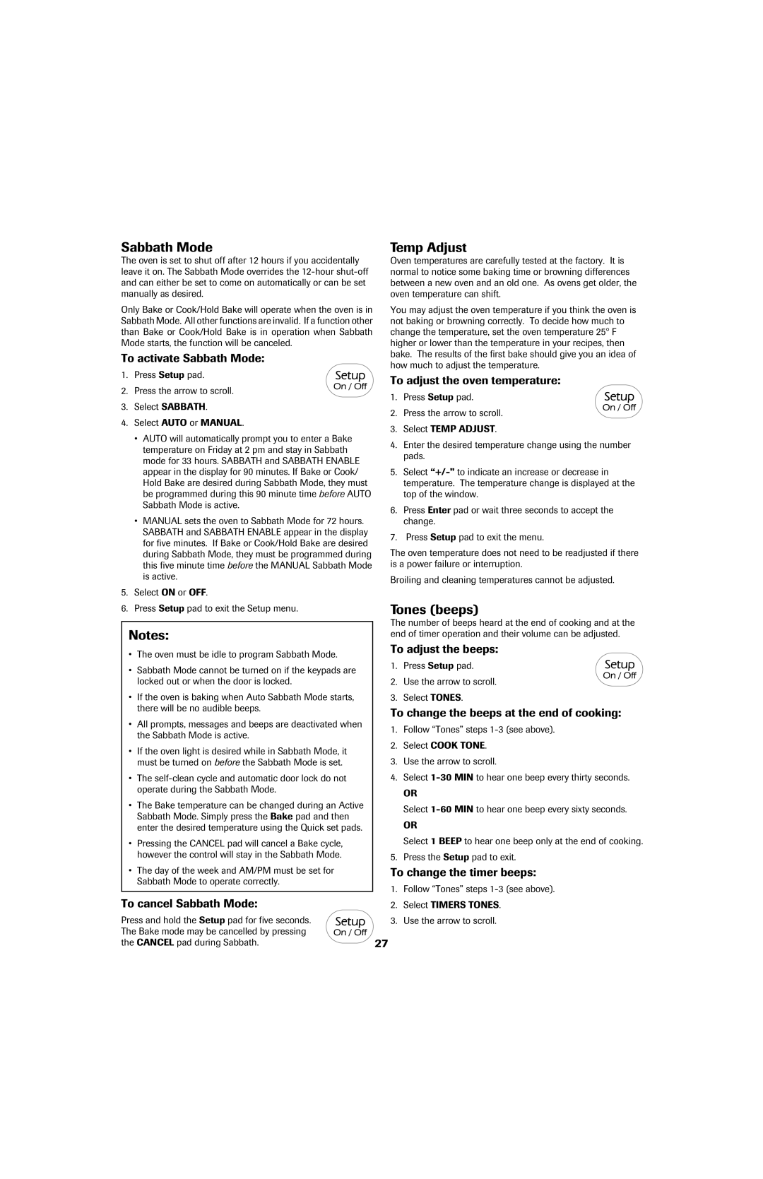 Jenn-Air 8113P759-60 important safety instructions Sabbath Mode, Temp Adjust, Tones beeps 