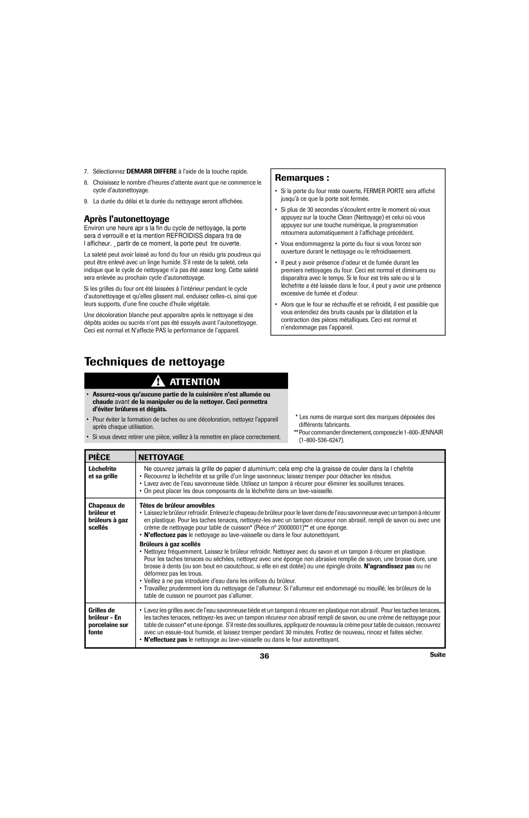 Jenn-Air 8113P759-60 Techniques de nettoyage, Après l’autonettoyage, Remarques, Pièce Nettoyage 