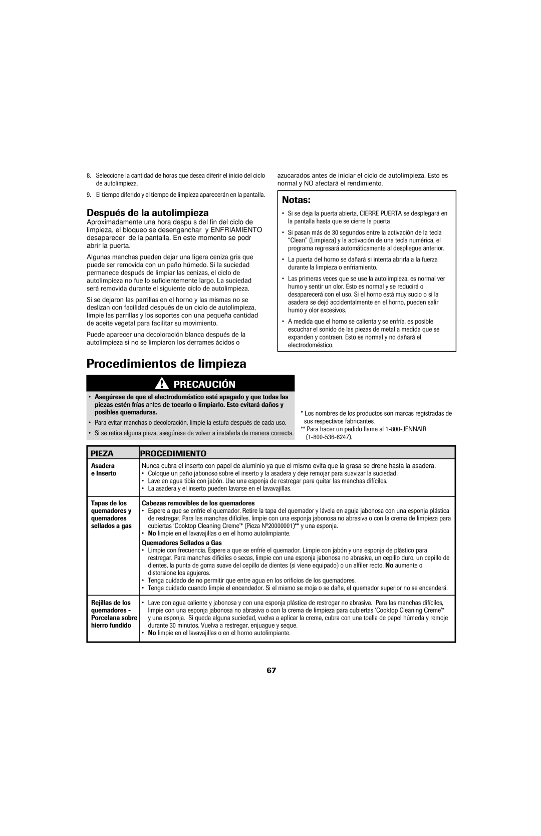 Jenn-Air 8113P759-60 Procedimientos de limpieza, Después de la autolimpieza, Notas, Pieza Procedimiento 