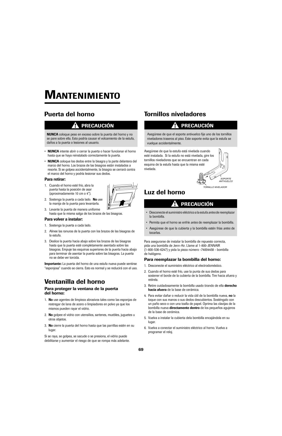 Jenn-Air 8113P759-60 Mantenimiento, Puerta del horno, Ventanilla del horno, Tornillos niveladores, Luz del horno 
