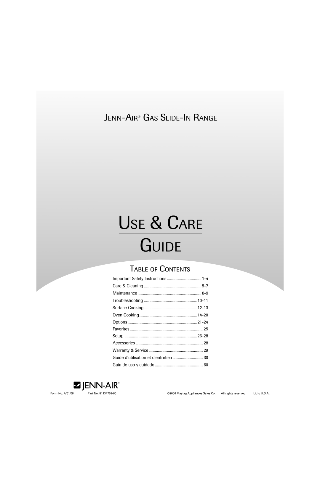 Jenn-Air 8113P759-60 important safety instructions Use & Care Guide, Jenn-Air Gas Slide-In Range, Table Of Contents 