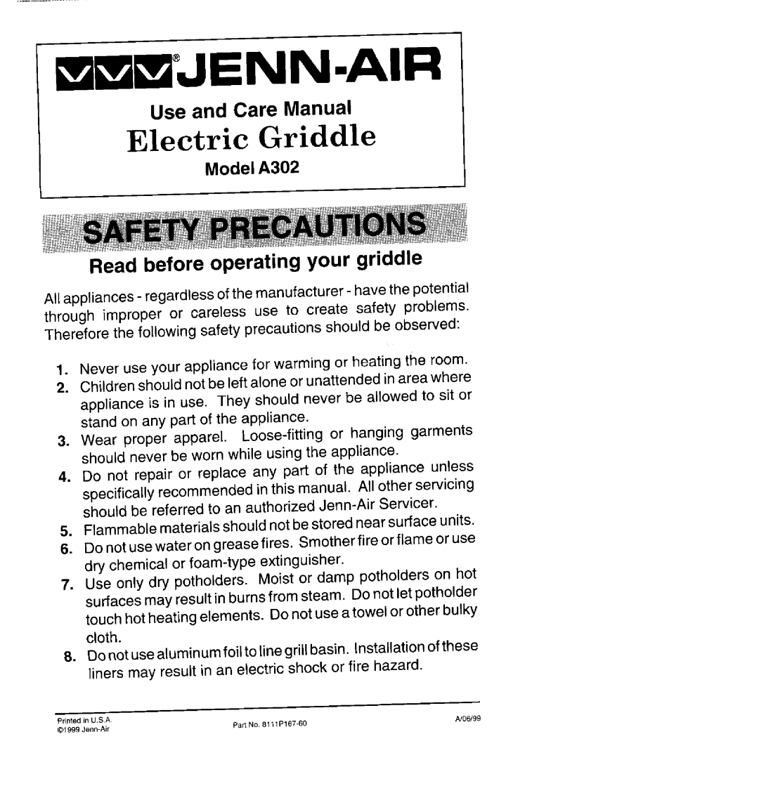 Jenn-Air A302 manual mJENN.AIR, Electric Griddle, Use and Care Manual, Read before operating your griddle 