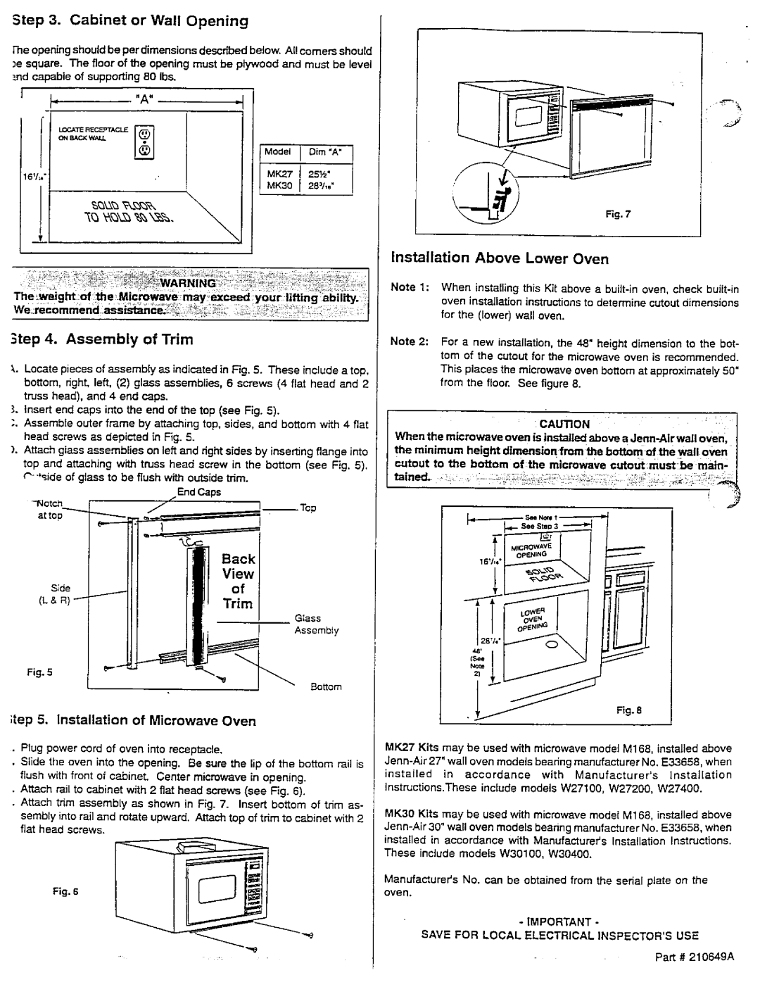 Jenn-Air MK30, A627, MK27, MK24 dimensions Assembly of Trim, Cabinet or Wall Opening, Installation Above Lower Oven 