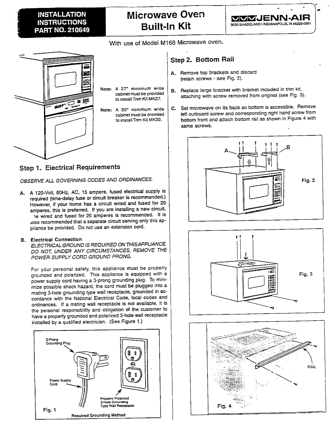 Jenn-Air MK24, A627, MK27, MK30 dimensions Microwave Oven, Electrical Requirements 