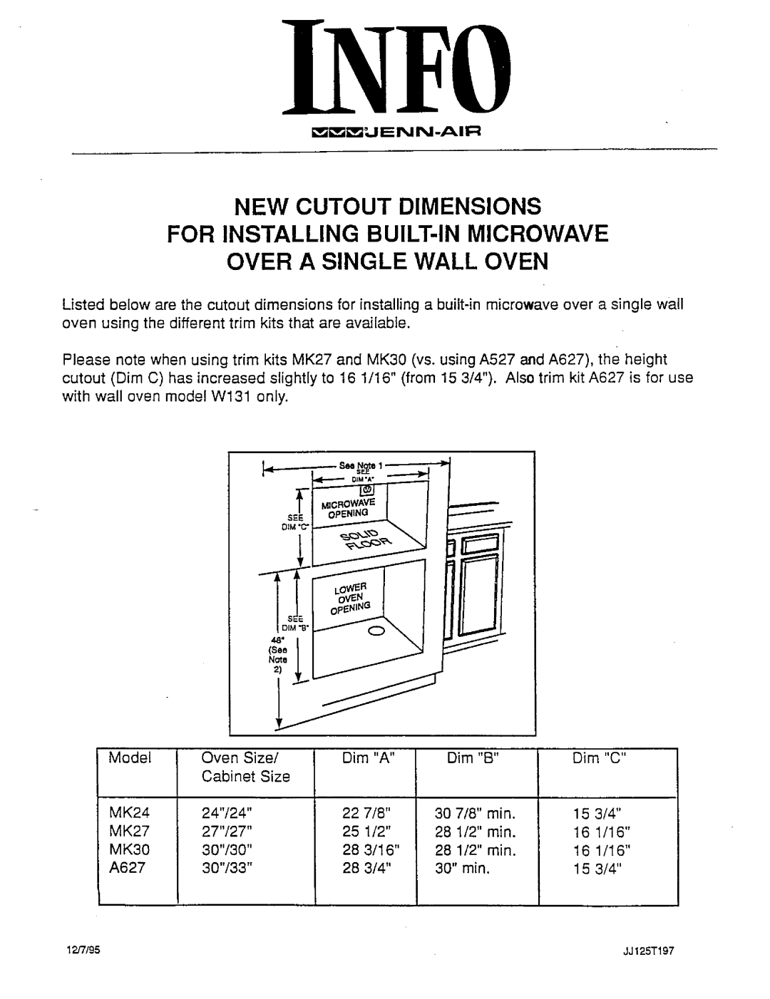Jenn-Air MK27, A627, MK30, MK24 dimensions New Cutout Dimensions, For Installing Built-Inmicrowave, Over A Single Wall Oven 