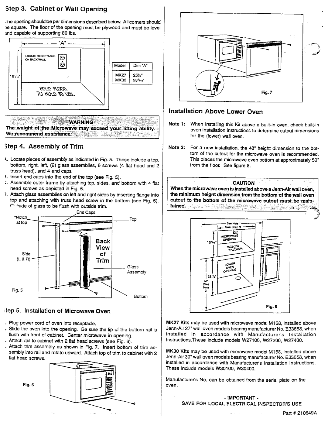 Jenn-Air MK30 Assembly of Trim, Ill Trim, I I I#11, Cabinet or Wall Opening, iv, Installation Above Lower Oven, be main 