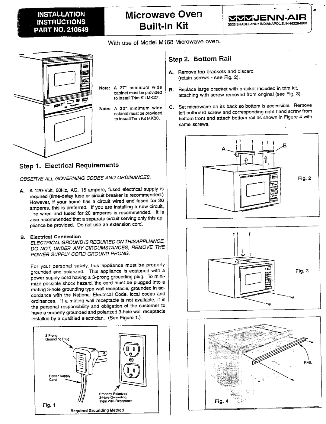 Jenn-Air MK24, A627, MK27, MK30 Installation Instructions Part No, Electrical Requirements, Microwave Oven, Built-InKit 