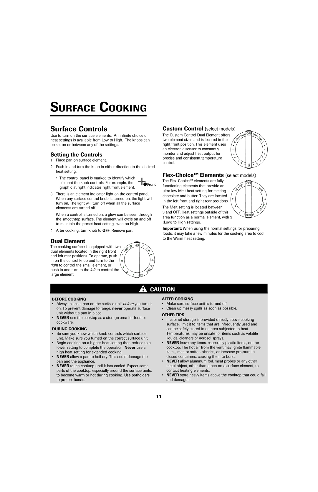 Jenn-Air air filter important safety instructions Surface Cooking, Surface Controls 