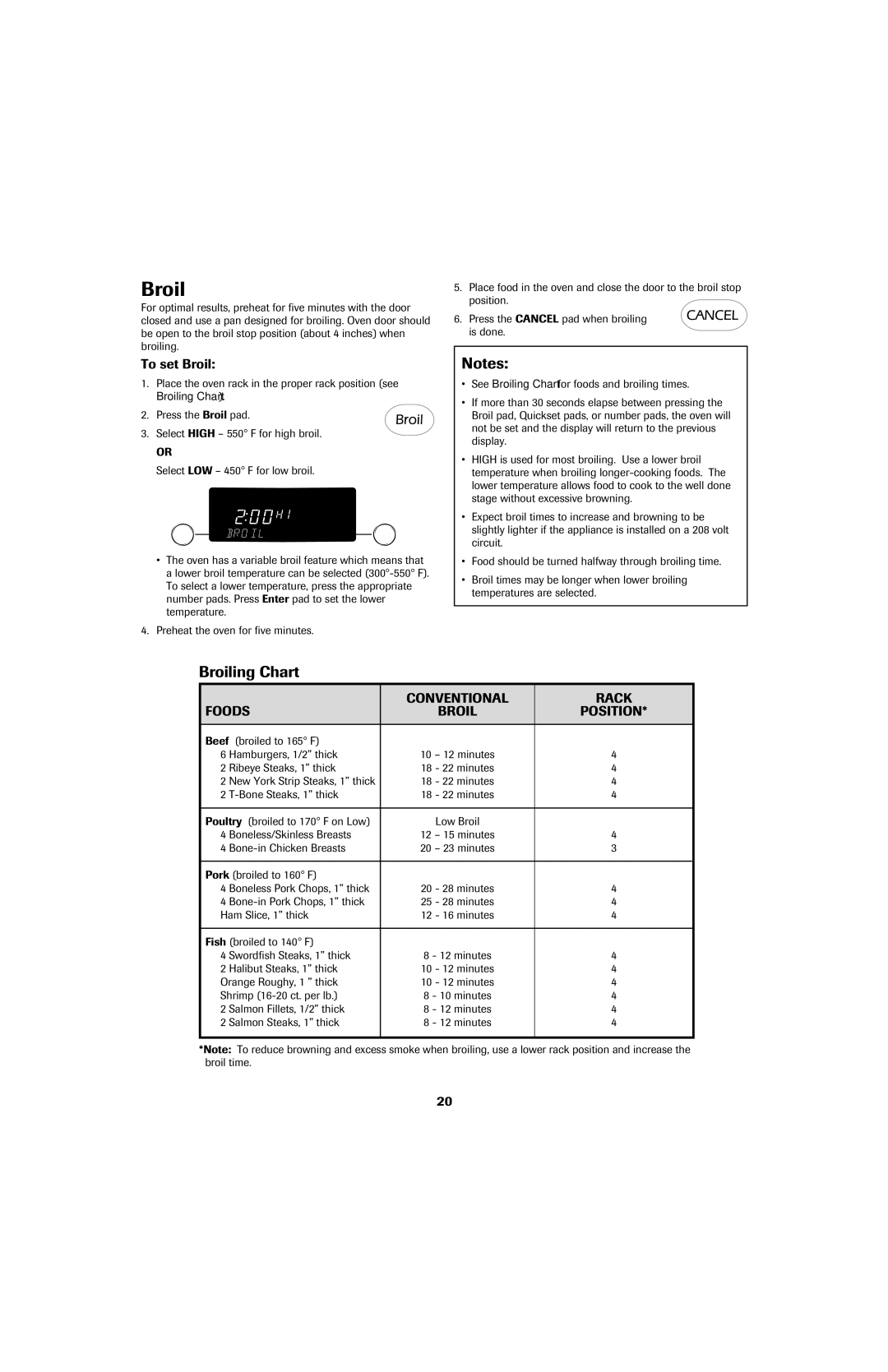 Jenn-Air air filter important safety instructions Broiling Chart, To set Broil, Conventional Rack Foods Broil Position 