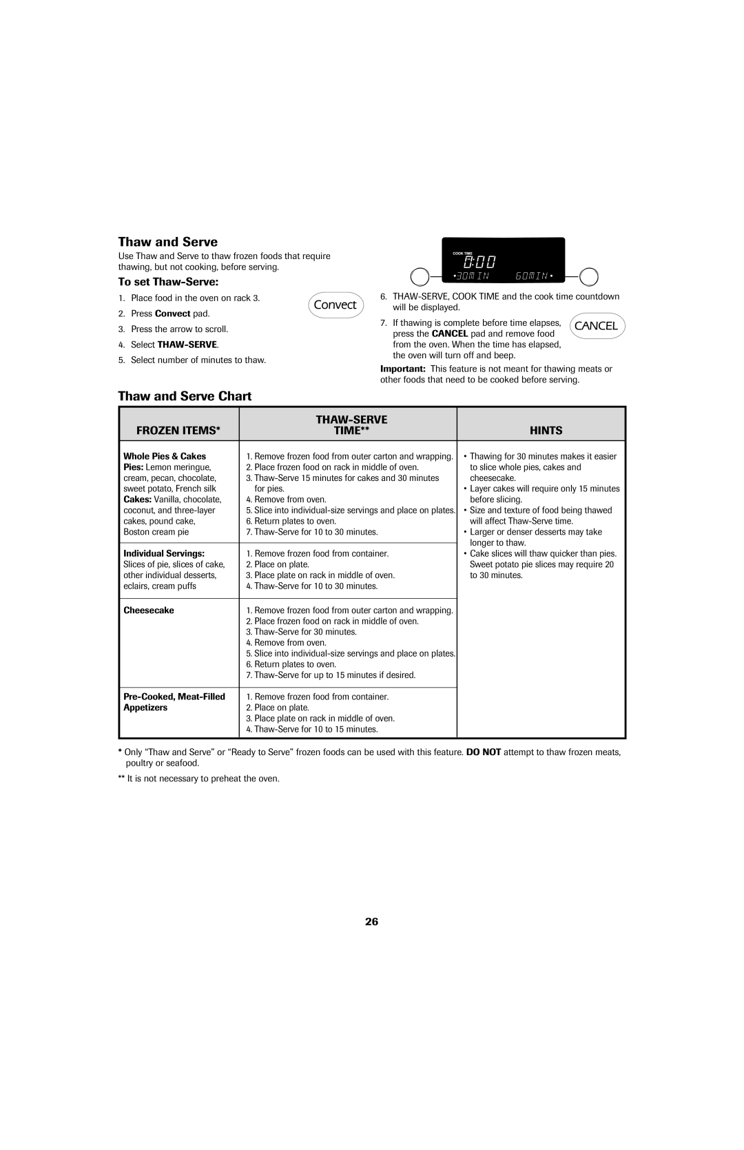 Jenn-Air air filter Thaw and Serve Chart, To set Thaw-Serve, THAW-SERVE Frozen Items Time Hints 