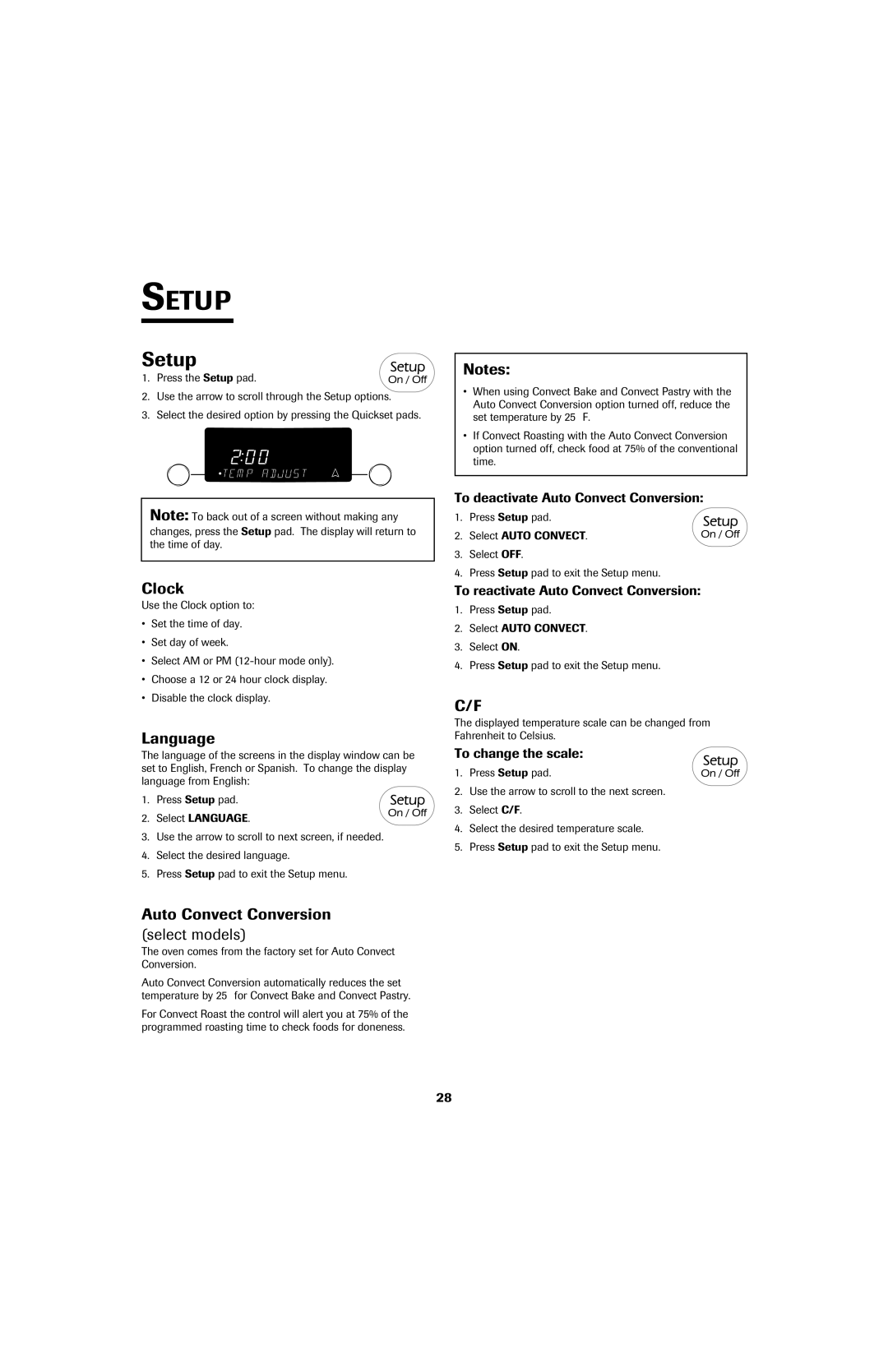 Jenn-Air air filter important safety instructions Setup, Language, Auto Convect Conversion Select models 