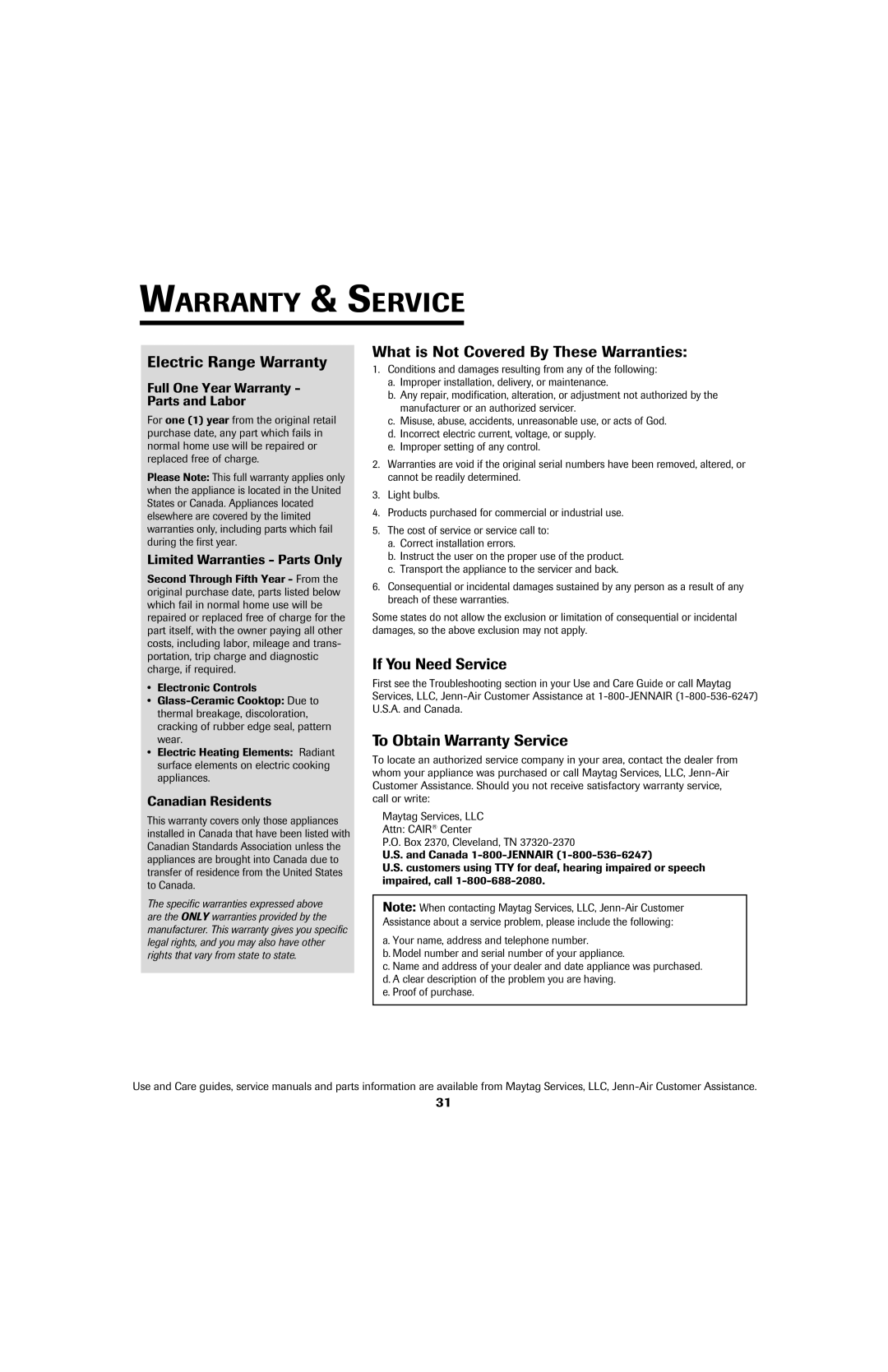 Jenn-Air air filter Warranty & Service, Electric Range Warranty, What is Not Covered By These Warranties 