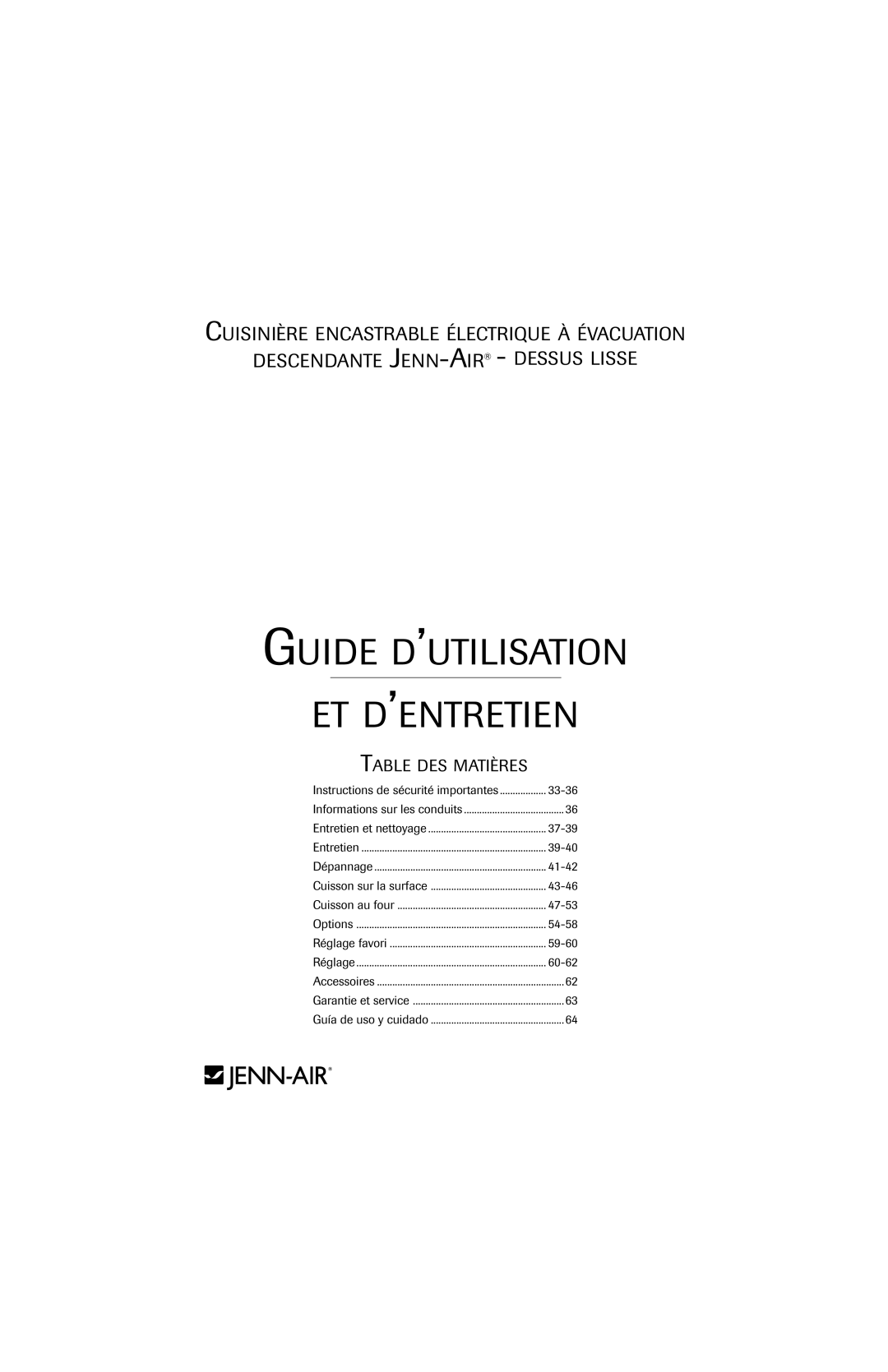 Jenn-Air air filter important safety instructions 33-36, 37-39, 39-40, 41-42, 43-46, 47-53, 54-58, 59-60, 60-62 
