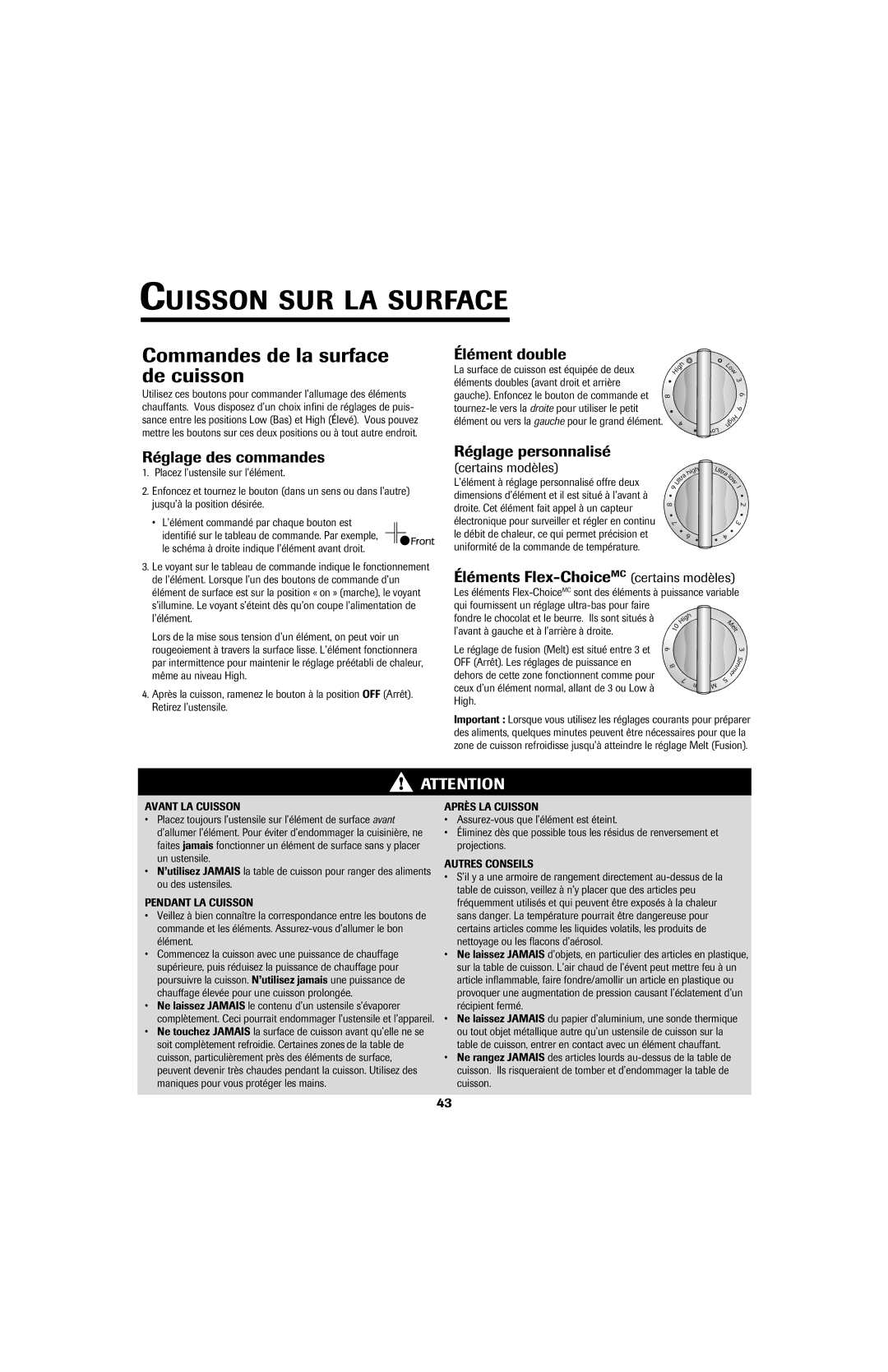 Jenn-Air air filter important safety instructions Cuisson SUR LA Surface, Commandes de la surface de cuisson 