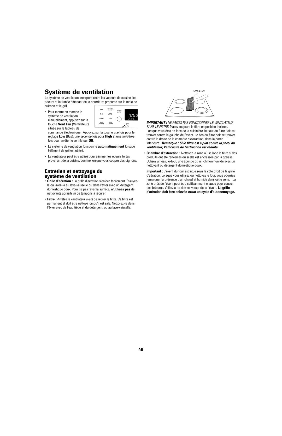 Jenn-Air air filter important safety instructions Système de ventilation, Entretien et nettoyage du système de ventilation 